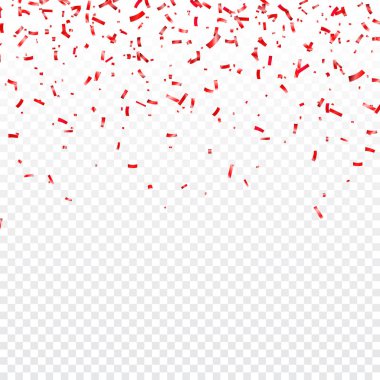 Yılbaşı, Sevgililer günü kırmızı konfeti şeffaf arka plan üzerinde. Düşen parlak konfeti pırıltılar. Festival parti tasarım öğeleri.