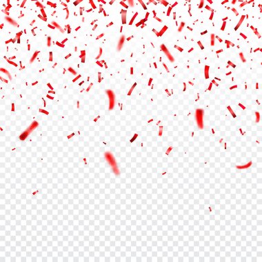 Yılbaşı, Sevgililer günü kırmızı konfeti şeffaf arka plan üzerinde. Düşen parlak konfeti pırıltılar. Festival parti tasarım öğeleri.