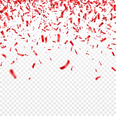 Yılbaşı, Sevgililer günü kırmızı konfeti şeffaf arka plan üzerinde. Düşen parlak konfeti pırıltılar. Festival parti tasarım öğeleri.