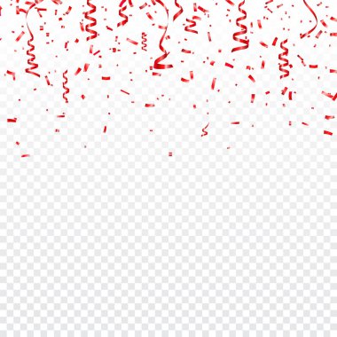 Yılbaşı, Sevgililer günü kırmızı konfeti şeritler şeffaf arka plan ile. Düşen parlak konfeti pırıltılar. Festival parti tasarım öğeleri.