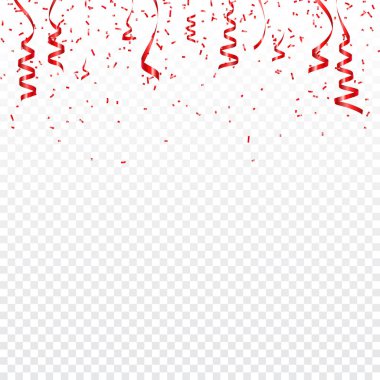 Yılbaşı, Sevgililer günü kırmızı konfeti şeritler şeffaf arka plan ile. Düşen parlak konfeti pırıltılar. Festival parti tasarım öğeleri.