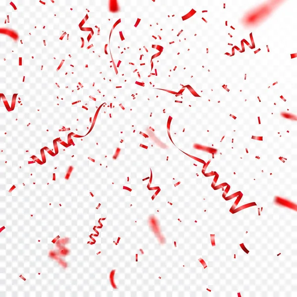 Jul, alla hjärtans dag röd konfetti med band på transparent bakgrund. Fallande glänsande konfetti glitter. Festlig part designelement. — Stock vektor