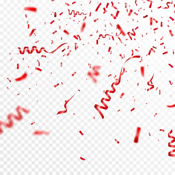 Noël, Saint Valentin confettis rouges avec des rubans sur fond transparent. Chute brillante paillettes confettis. Éléments de conception de fête . — Image vectorielle