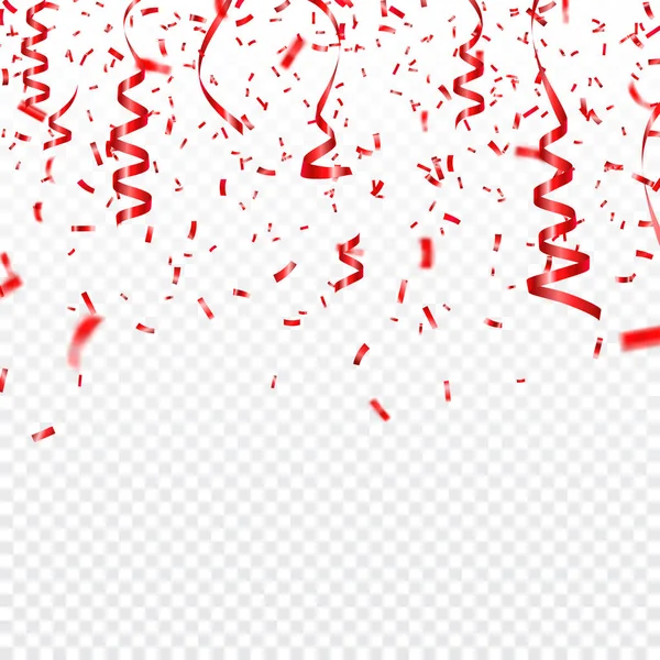 Kerstmis, Valentijnsdag rode confetti met linten op transparante achtergrond. Dalende glanzende confetti glitters. Feestelijke partij ontwerpelementen. — Stockvector