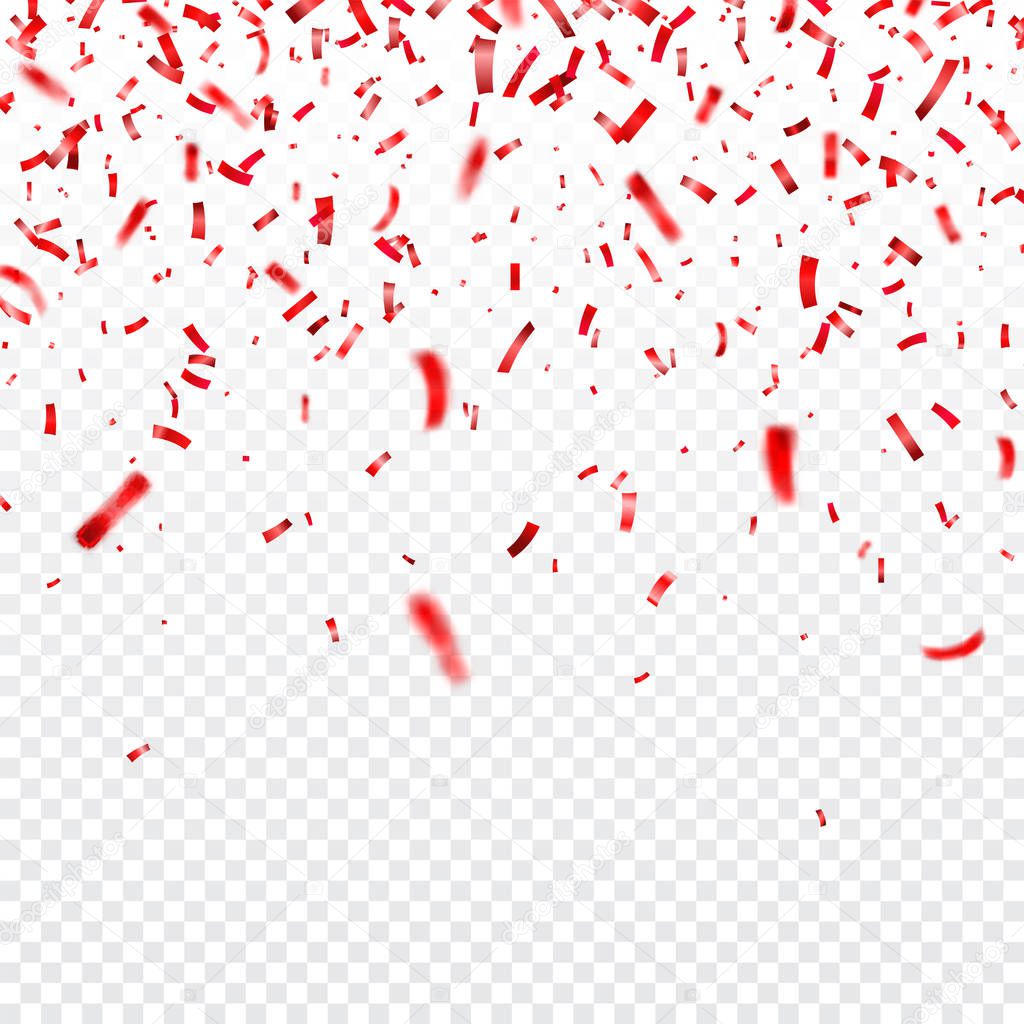 Christmas, Valentines day red confetti on transparent background. Falling shiny confetti glitters. Festive party design elements.