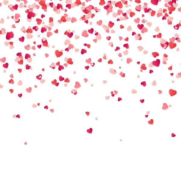 Heart confetti. Valentines, Womens, Mothers day background with falling red and pink paper hearts, petals. Greeting wedding card. February 14, love.White background. — Stock Vector