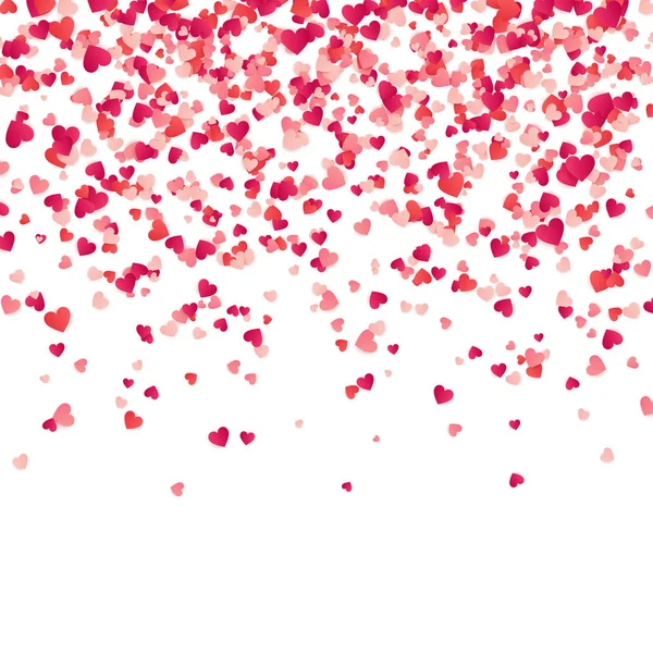 Heart confetti. Valentines, Womens, Mothers day background with falling red and pink paper hearts, petals. Greeting wedding card. February 14, love.White background. — Stock Vector