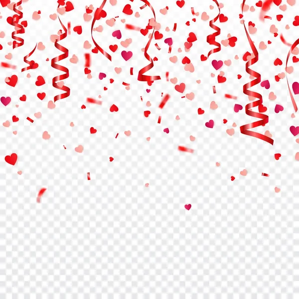 Valentijnsdag rode achtergrond met hart. Symbool van de liefde. 14 februari. Ik hou van jou. Worden mijn Valentijn. Lint. Transparante achtergrond. Confetti hart. — Stockvector