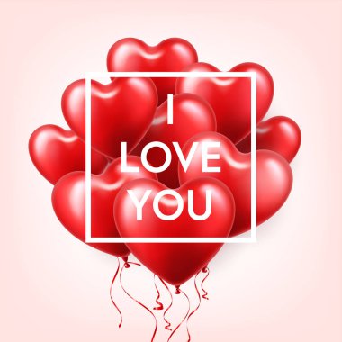 Sevgiliye arka plan kırmızı 3d balonlarla. Kalp şekli. Şubat 14, aşk. Romantik düğün tebrik kartı.