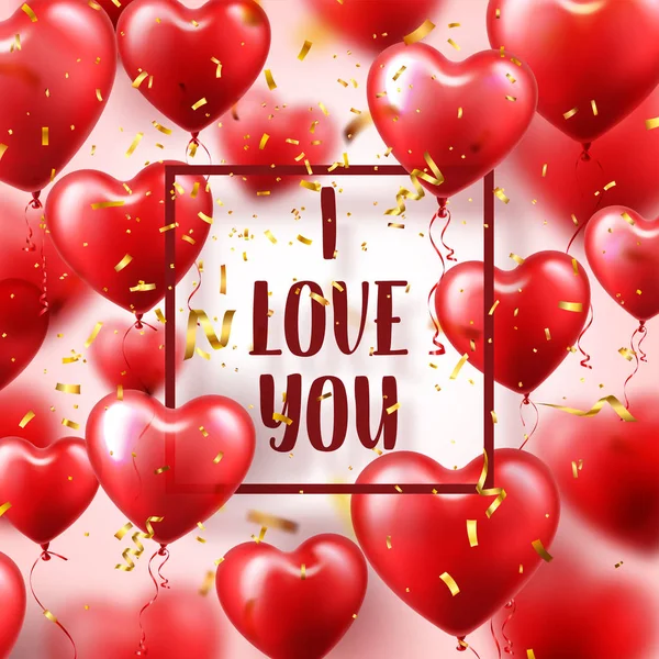 Valentines day abstract background with red 3d balloons and golden confetti. Heart shape. February 14, love. Romantic wedding greeting card. — Stock Vector