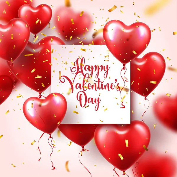 Αφηρημένα φόντο ημέρα του Αγίου Βαλεντίνου με κόκκινα μπαλόνια 3d και χρυσές κομφετί. Σχήμα καρδιάς. 14 Φεβρουαρίου, η αγάπη. Ρομαντικό γάμο ευχετήρια κάρτα. — Διανυσματικό Αρχείο