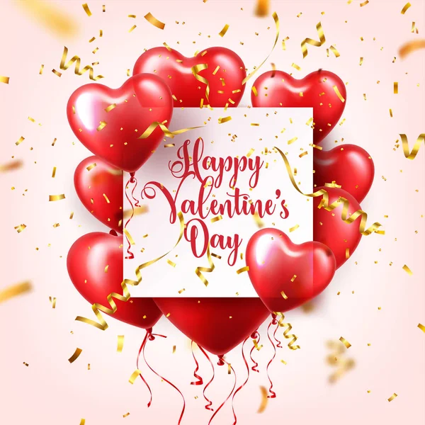 3 d 赤い風船と金色の紙吹雪と抽象的な背景をバレンタインの日。ハート形。2 月 14 日が大好きです。ロマンチックな結婚式のグリーティング カード. — ストックベクタ