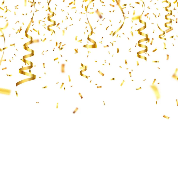 Рождественские золотые конфетти с лентой. Падающие блестящие конфетти блестят золотым цветом. New year, birthday, valentine 's day design element. Отдых . — стоковый вектор
