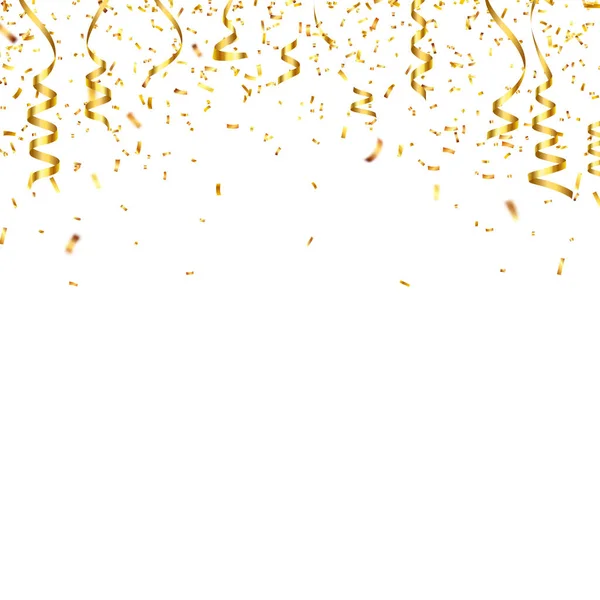 Confetti d'oro natalizi con nastro. Brillantini di coriandoli luccicanti in colore oro. Anno nuovo, compleanno, elemento di design di San Valentino. Sfondo vacanza . — Vettoriale Stock