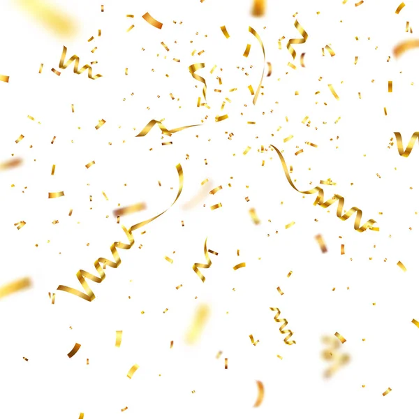 Confetti d'oro natalizi con nastro. Brillantini di coriandoli luccicanti in colore oro. Anno nuovo, compleanno, elemento di design di San Valentino. Sfondo vacanza . — Vettoriale Stock