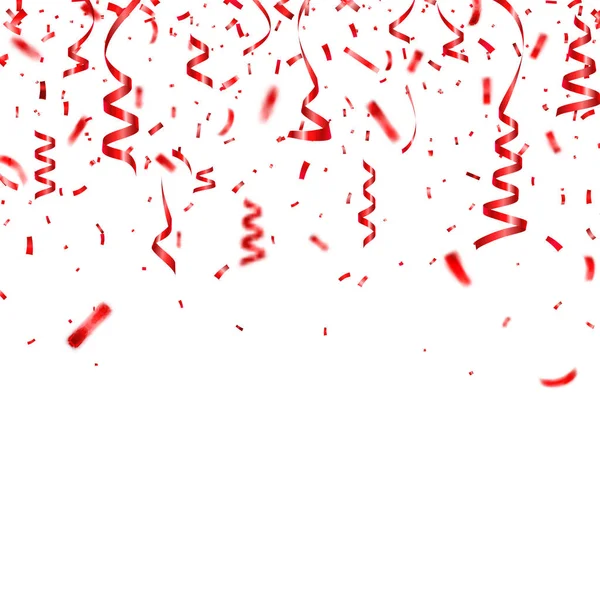 クリスマス、バレンタインの日赤い紙吹雪透明な背景にリボン付き。落下の光沢のある紙吹雪は光る。お祝いパーティー デザイン要素. — ストックベクタ