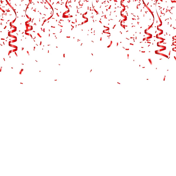 クリスマス、バレンタインの日赤い紙吹雪透明な背景にリボン付き。落下の光沢のある紙吹雪は光る。お祝いパーティー デザイン要素. — ストックベクタ