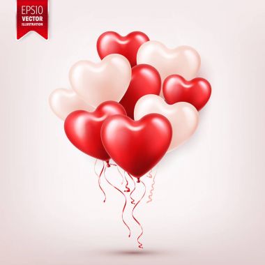 Kırmızı 3d Balonlu Sevgililer s gün arka plan. Kalp şekli. Şubat 14, aşk. Romantik düğün tebrik kartı. Kadınlar s, anne s gün.