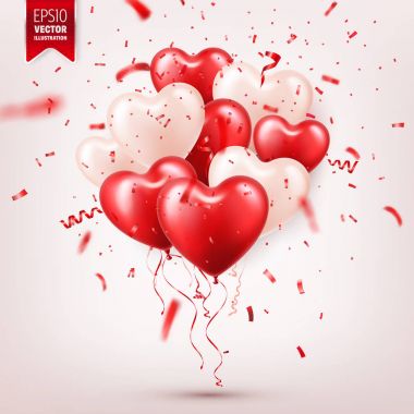 Kırmızı 3d balonlar ve konfeti ile Sevgililer s gün arka plan. Kalp şekli. Şubat 14, aşk. Romantik düğün tebrik kartı. Kadınlar s, anne s gün.
