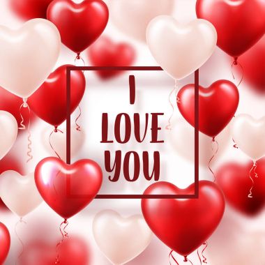 Kırmızı 3d Balonlu Sevgililer s gün arka plan. Kalp şekli. Şubat 14, aşk. Romantik düğün tebrik kartı. Kadınlar s, anne s gün.