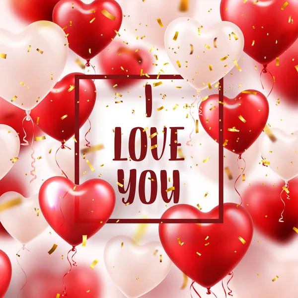 Valentine s day abstract background with red 3d balloons and golden confetti. Heart shape. February 14, love. Romantic wedding greeting card.Women s, Mother s day. — Stock Vector