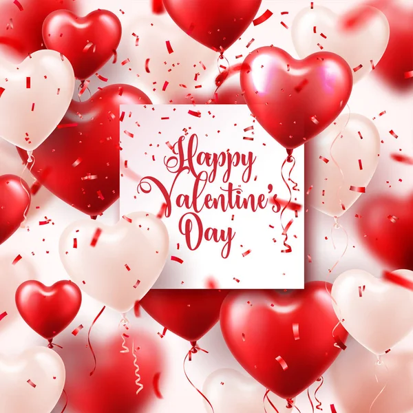 Día de San Valentín fondo abstracto con globos rojos 3d y confeti. Forma de corazón. 14 de febrero, amor. Tarjeta de felicitación romántica de la boda. Mujeres s, Día de la madre . — Vector de stock