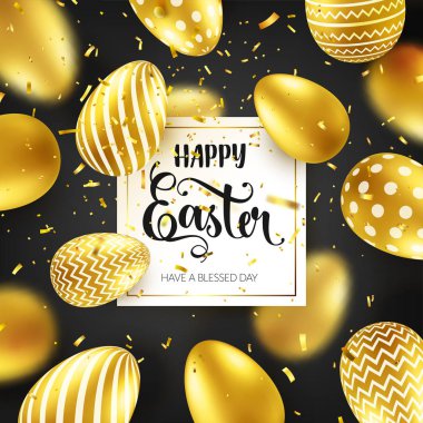 Kaligrafi yazı, konfeti ve şerit altın Paskalya yumurtası. Nisan ya da Mart geleneksel Bahar tatili. Pazar. Yumurta ve altın. Büyük satış