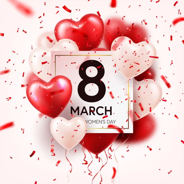 Womens dag rode achtergrond met ballonnen, hart vorm. Confetti en lint. Symbool van de liefde. 8 maart. Ik hou van jou. Voorjaar vakantie. — Stockvector
