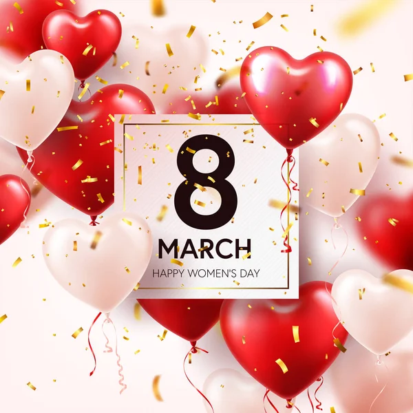 Femei fundal roșu de zi cu baloane, forma inimii. Confetti și panglică. Simbolul iubirii. 8 martie. Te iubesc. Vacanță de primăvară . — Vector de stoc
