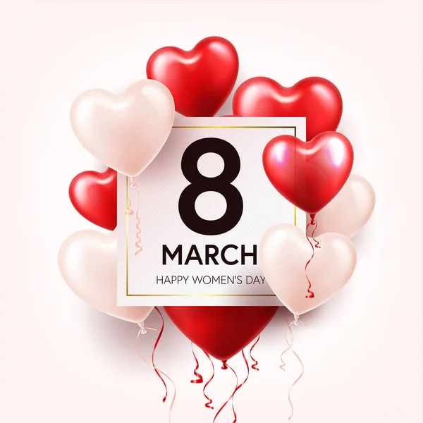 Femei zi fundal roșu cu baloane, forma inimii. Simbolul iubirii. 8 martie. Te iubesc. Vacanță de primăvară . — Vector de stoc