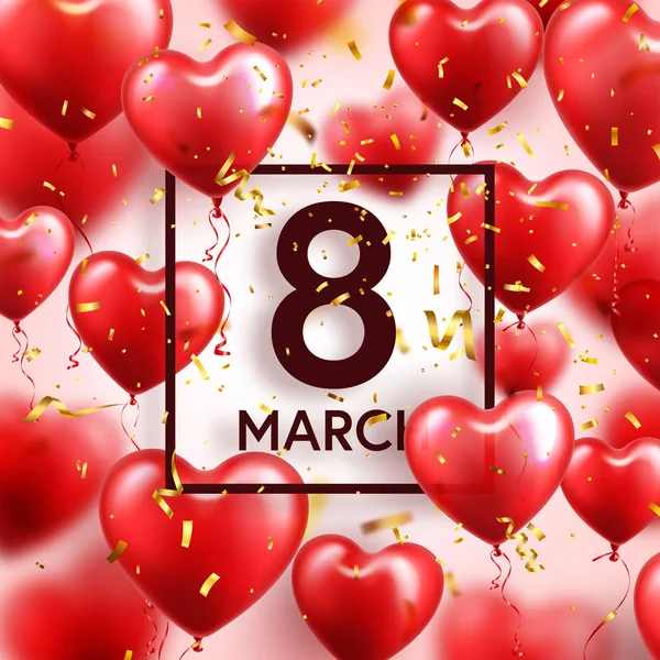 Fondo rojo de día para mujer con globos, forma de corazón.Confetti y cinta. Símbolo de amor. 8 de marzo. Te quiero. Te quiero. Vacaciones de primavera . — Vector de stock