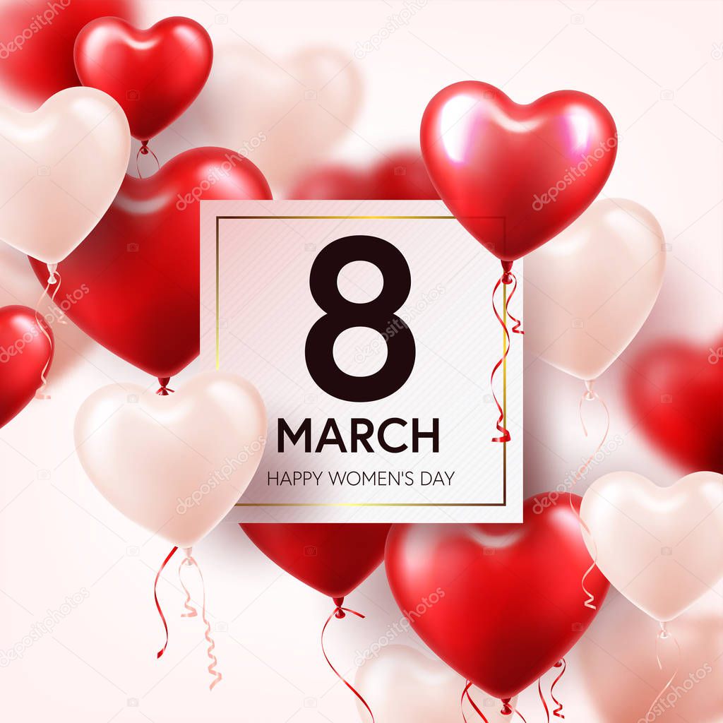 Womens day red background with balloons, heart shape. Love symbol. March 8. I love you. Spring holiday.