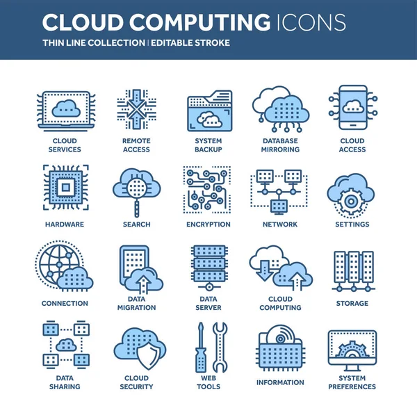 Nube omputando. Tecnología de Internet. Servicios en línea. Datos, seguridad de la información. Conexión. Conjunto de iconos web de línea delgada azul. Esquema de iconos collection.Vector ilustración . — Archivo Imágenes Vectoriales