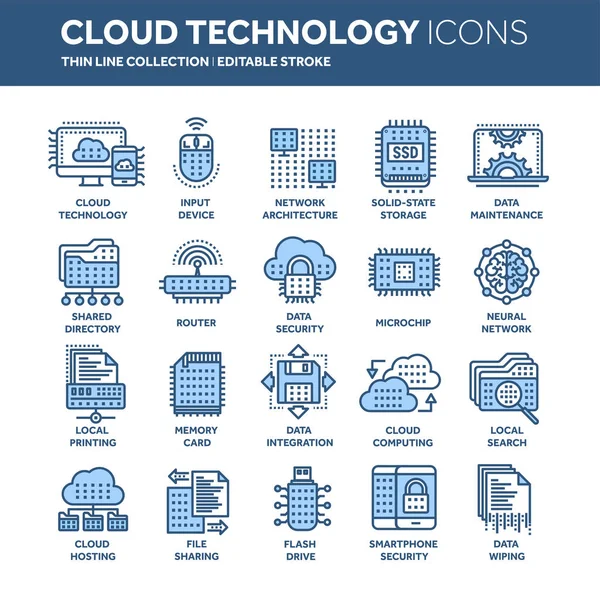 Cloud omputing. Internet technology. Online services. Data, information security. Connection. Thin line blue web icon set. Outline icons collection.Vector illustration. — Stock Vector