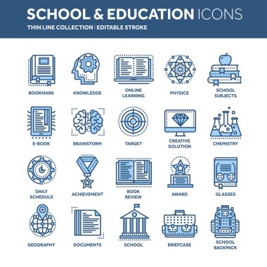 Okul eğitim, üniversite. Çalışma, öğrenme sürecinde. Oline dersleri, öğretici. Öğrenci bilgi. Tarih kitabı. İnce çizgi web simge seti. Anahat simgeleri koleksiyonu. Vektör çizim.