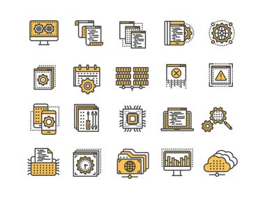 SEO ve uygulama geliştirme. Arama Motoru Optimizasyonu. Internet, e-ticaret. İnce çizgi sarı web simge seti. Anahat simgeleri koleksiyonu. Vektör çizim.
