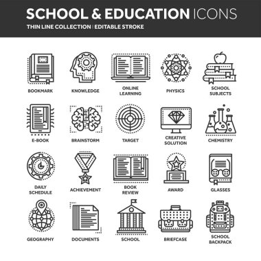 School education, university. Study, learning process. Oline lessons, tutorial. Student knowledge. History book.Thin line black web icon set. Outline icons collection.Vector illustration. clipart