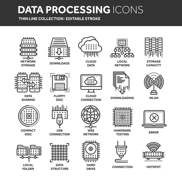 Computación en nube. Tecnología de Internet. Servicios en línea. Datos, seguridad de la información. Conexión. Conjunto de iconos web negros de línea delgada. Esquema de iconos collection.Vector ilustración . — Archivo Imágenes Vectoriales