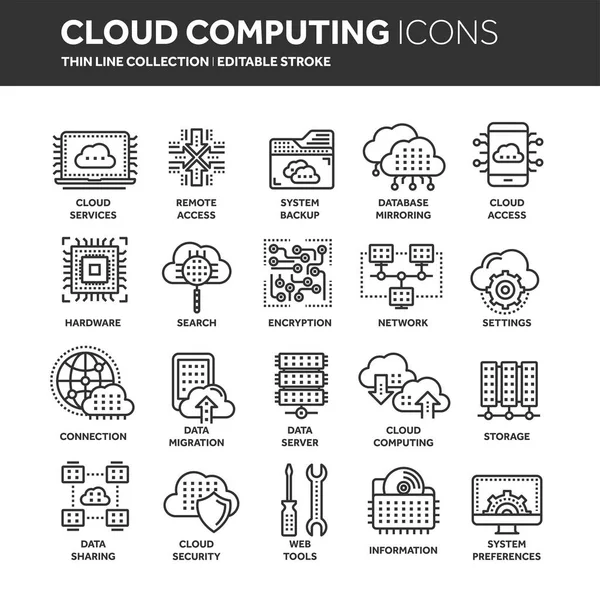 Computación en nube. Tecnología de Internet. Servicios en línea. Datos, seguridad de la información. Conexión. Conjunto de iconos web negros de línea delgada. Esquema de iconos collection.Vector ilustración . — Archivo Imágenes Vectoriales