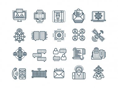 İletişim. Sosyal medya. Online sohbet. Telefon görüşmesi, app haberci. Mobil, smartphone. Computing.Email. ince çizgi siyah web simge seti. Anahat simgeleri koleksiyonu. Vektör çizim.