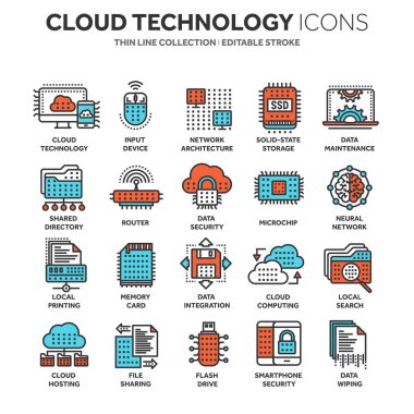 Bulut bilgisayar. Internet teknolojisi. Çevrimiçi hizmetler. Veri, bilgi güvenliği. Bağlantı. İnce çizgi mavi web simge seti. Anahat simgeleri koleksiyonu. Vektör çizim.