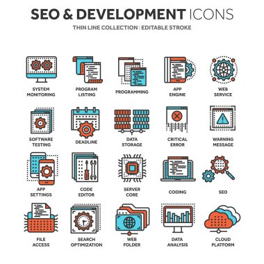 SEO ve uygulama geliştirme. Arama Motoru Optimizasyonu. Internet, e-ticaret. İnce çizgi mavi web simge seti. Anahat simgeleri koleksiyonu. Vektör çizim.