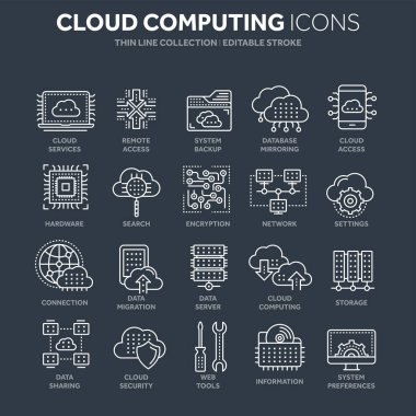 Bulut bilgisayar. Internet teknolojisi. Çevrimiçi hizmetler. Veri, bilgi güvenliği. Bağlantı. İnce çizgi beyaz web simge seti. Anahat simgeleri koleksiyonu. Vektör çizim.