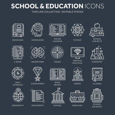 Okul eğitim, üniversite. Çalışma, öğrenme sürecinde. Oline dersleri, öğretici. Öğrenci bilgi. Tarih kitabı. İnce çizgi beyaz web simge seti. Anahat simgeleri koleksiyonu. Vektör çizim.