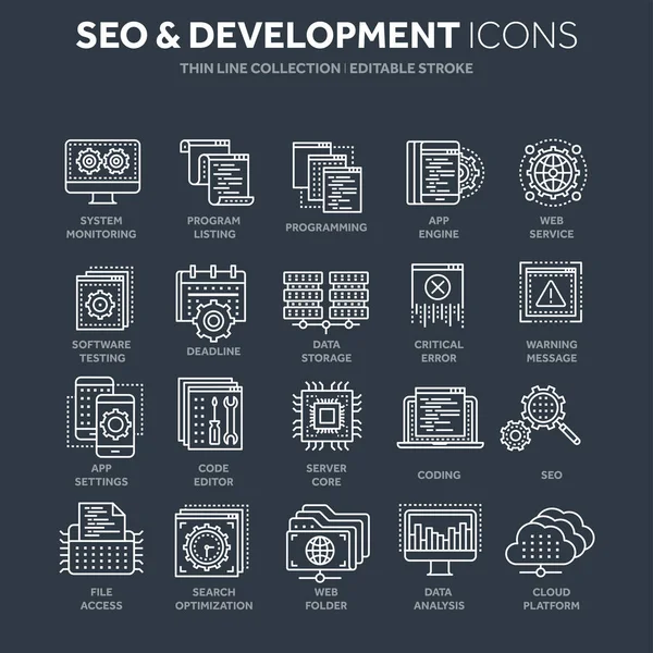 Seo and app development. Search engine optimization. Internet, e-commerce.Thin line white web icon set. Outline icons collection. Vector illustration. — Stock Vector