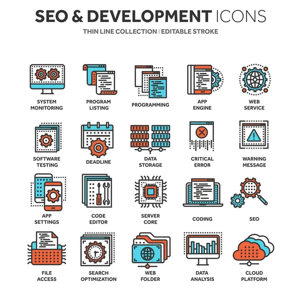 Seo 和应用程序的开发。搜索引擎的优化。互联网，电子商务。细线蓝色 web 图标集。大纲图标集合。矢量图. — 图库矢量图片#