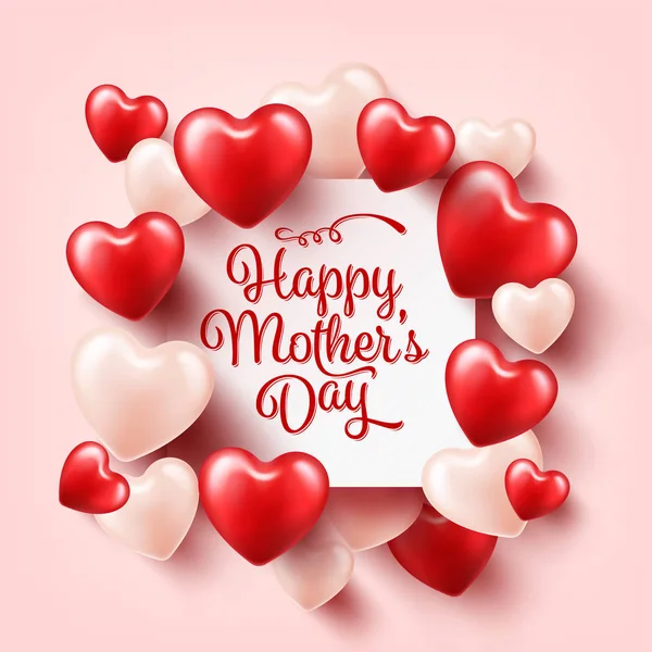 Dia das mães fundo com corações vermelhos. Cartão de saudação, modelo com letras. Em forma de coração. Férias . — Vetor de Stock