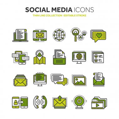 İletişim. Sosyal medya. Online sohbet. Telefon görüşmesi, app haberci. Mobil, smartphone. Computing.Email. ince çizgi siyah web simge seti. Anahat simgeleri koleksiyonu. Vektör çizim.