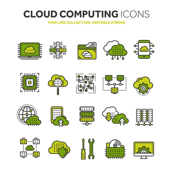 Computación en nube. Tecnología de Internet. Servicios en línea. Datos, seguridad de la información. Conexión. Conjunto de iconos web negros de línea delgada. Esquema de iconos collection.Vector ilustración . — Archivo Imágenes Vectoriales