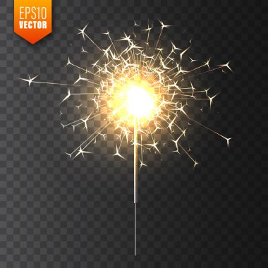 Şeffaf arkaplanda gerçekçi bir Noel havai fişeği. Bengal ateşi etkisi. Kıvılcımlı neşeli, parlak havai fişekler. Yeni yıl süsü. Parlayan parlak mum. Vektör illüstrasyonu.